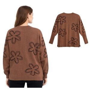 Zeagoo Brown Floral Crew Neck Knit Sweater Size L